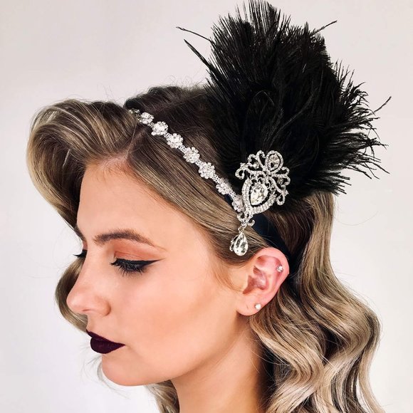 SWEETV 1920s Black Ostrich Feather Headpiece - Ribbon Tie - Picture 3 of 7